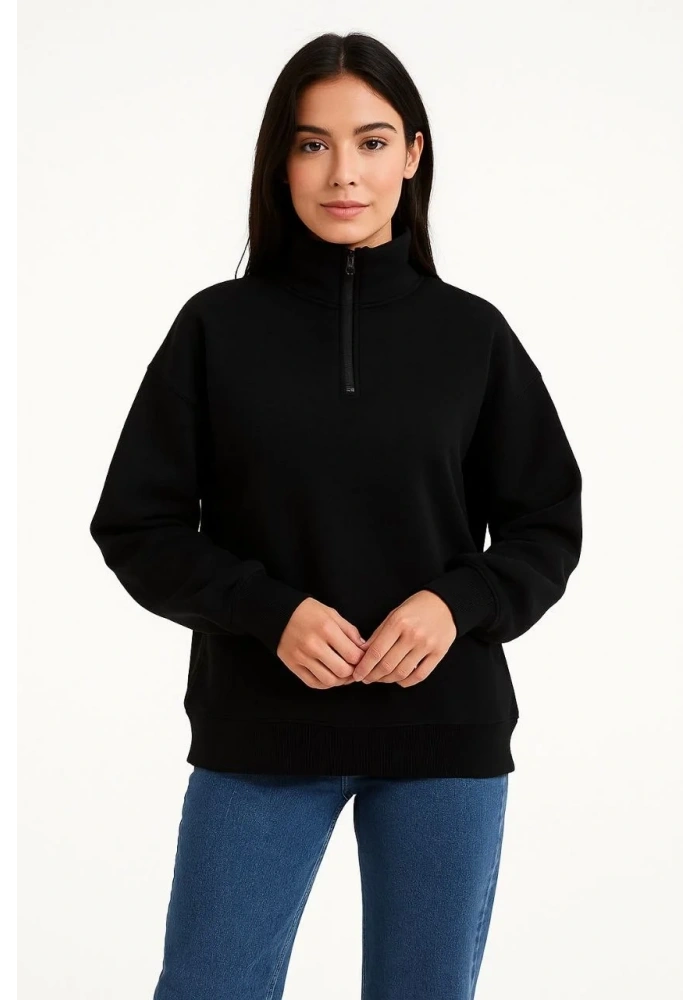 Kadın 3 İplik Pamuklu Dık Yaka Yarım Fermuarlı SweatShirt - Siyah