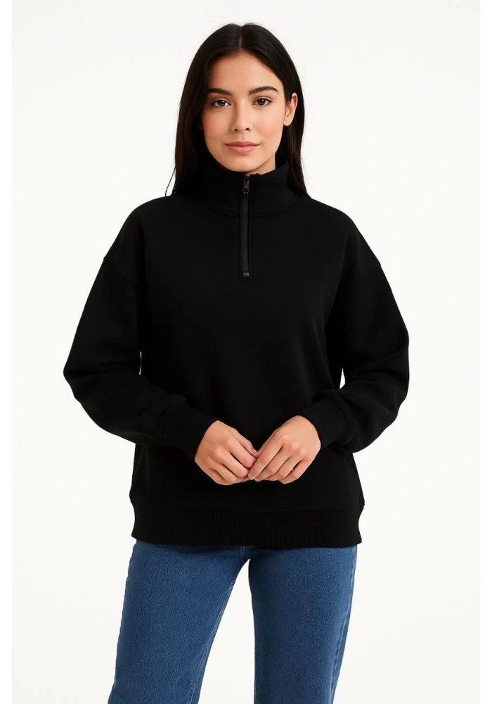 Kadın Üç İplik Dık Yaka Yarım Fermuarlı SweatShirt - Siyah