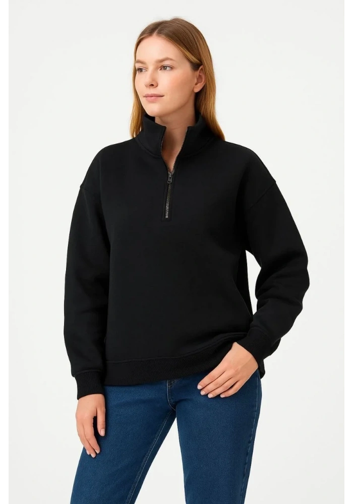 Kadın 3 İplik Pamuklu Dık Yaka Yarım Fermuarlı SweatShirt - Siyah