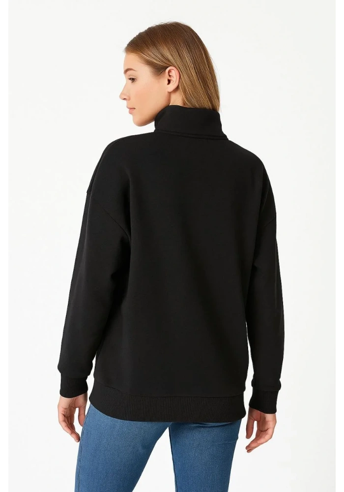 Kadın Üç İplik Dık Yaka Yarım Fermuarlı SweatShirt - Siyah