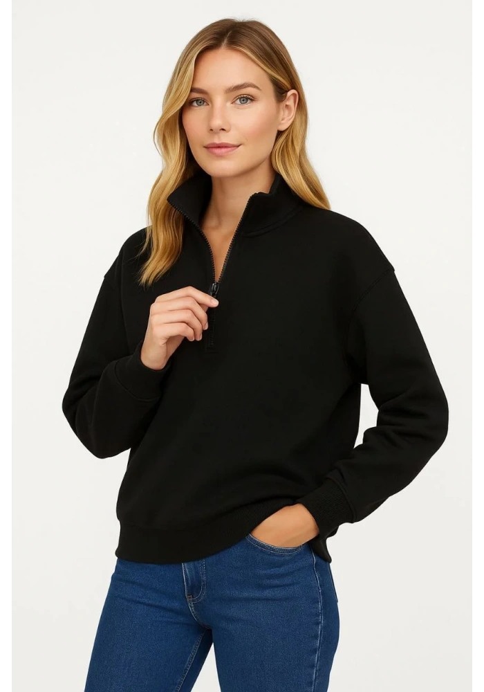 Kadın Üç İplik Dık Yaka Yarım Fermuarlı SweatShirt - Siyah