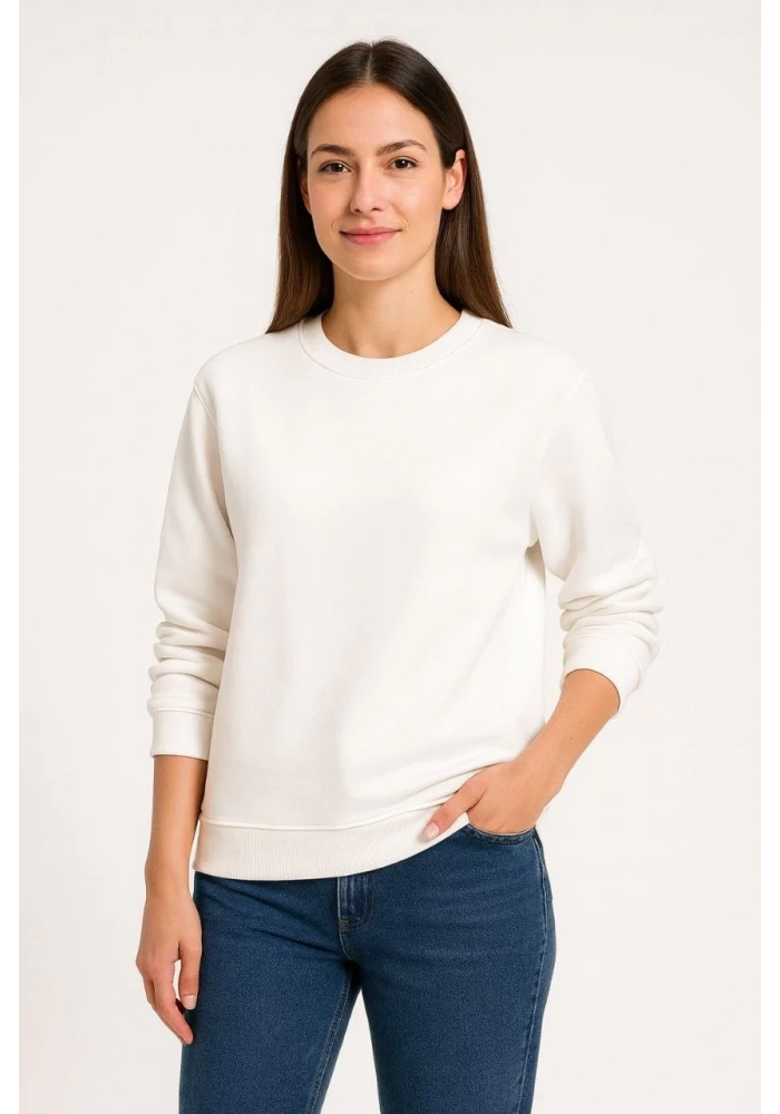 Kadın Üç İplik Düz Bisiklet Yaka SweatShirt - Beyaz