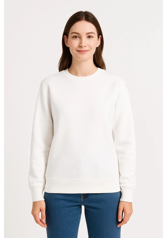 Kadın 3 İplik Pamuklu Düz Bisiklet Yaka SweatShirt - Beyaz