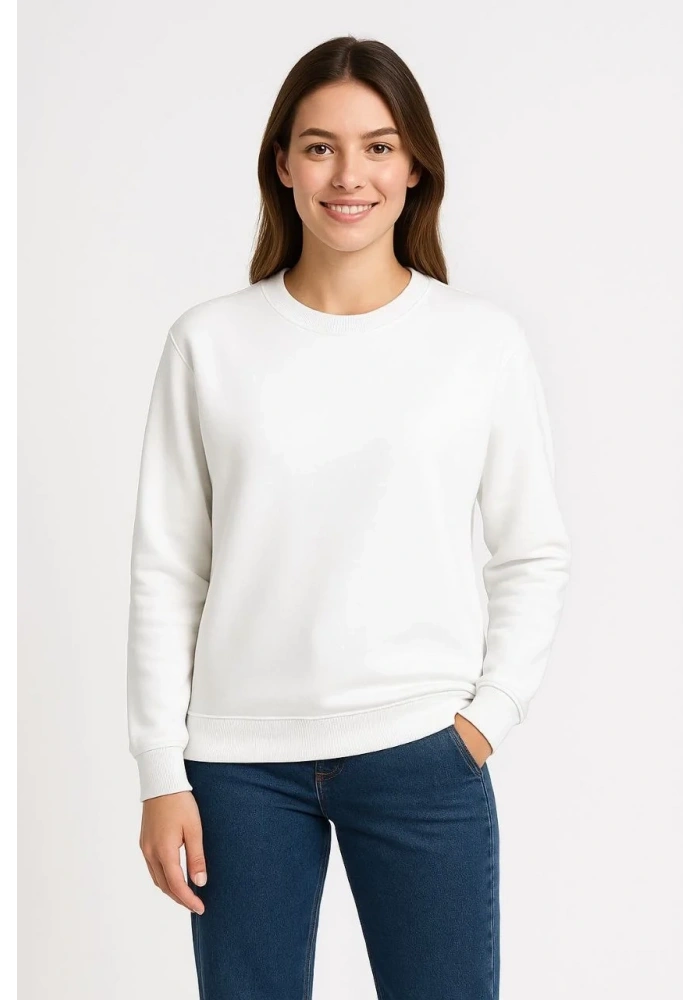 Kadın 3 İplik Pamuklu Düz Bisiklet Yaka SweatShirt - Beyaz