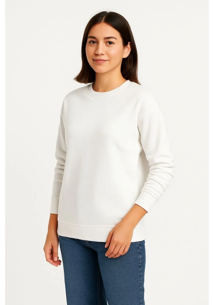 Kadın Üç İplik Düz Bisiklet Yaka SweatShirt - Beyaz