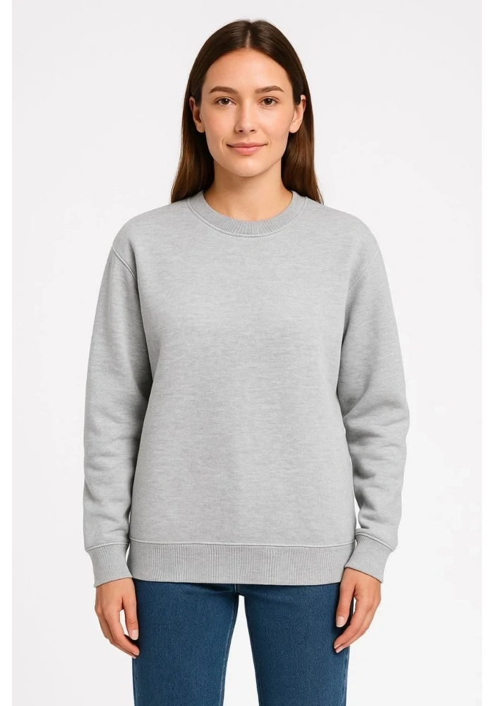 Kadın 3 İplik Pamuklu Düz Bisiklet Yaka SweatShirt - Gri