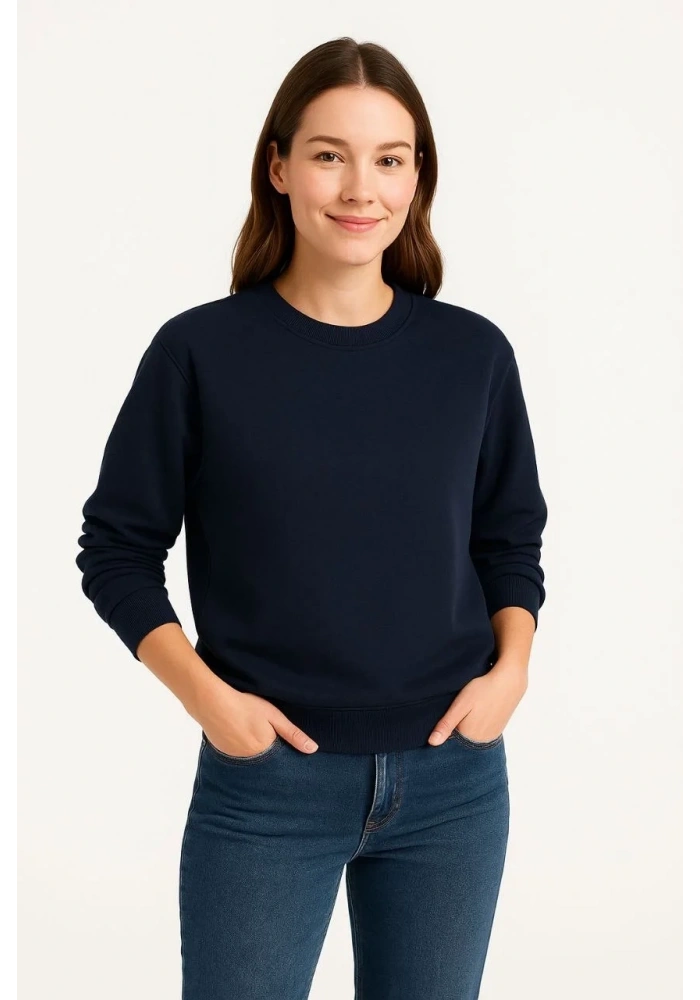 Kadın Üç İplik Düz Bisiklet Yaka SweatShirt - Lacivert
