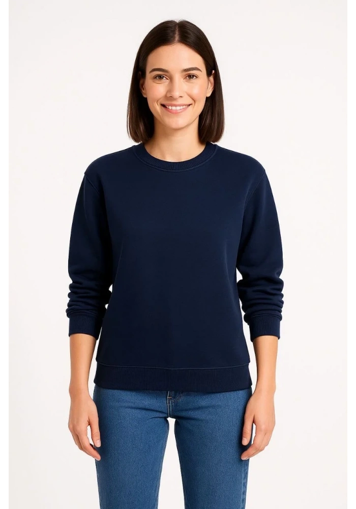 Kadın 3 İplik Pamuklu Düz Bisiklet Yaka SweatShirt - Lacivert