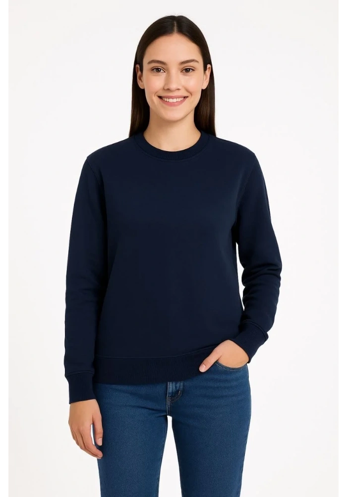 Kadın 3 İplik Pamuklu Düz Bisiklet Yaka SweatShirt - Lacivert