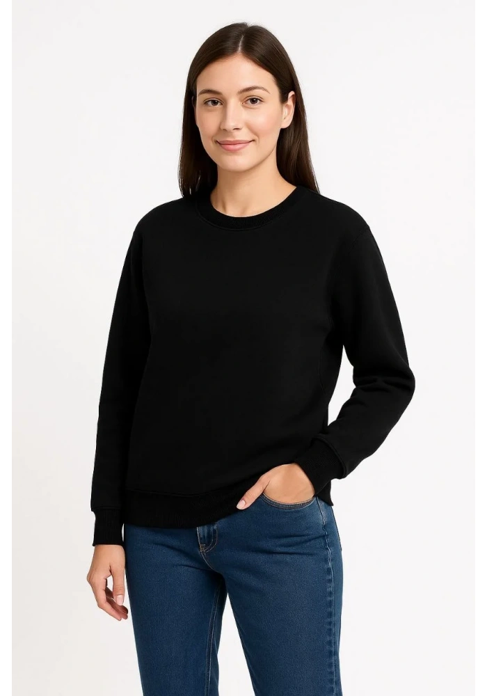 Kadın Üç İplik Düz Bisiklet Yaka SweatShirt - Siyah