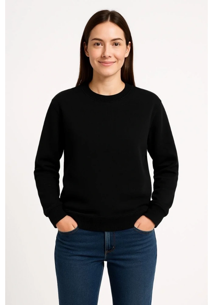 Kadın Üç İplik Düz Bisiklet Yaka SweatShirt - Siyah