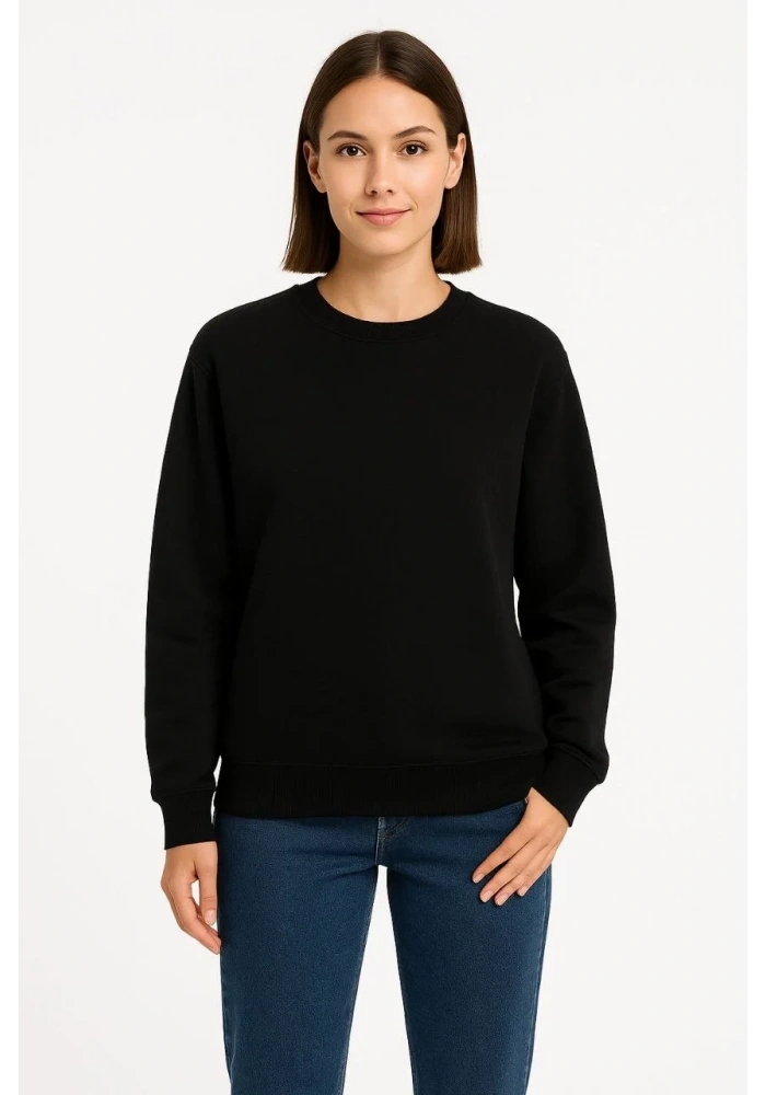 Kadın 3 İplik Pamuklu Düz Bisiklet Yaka SweatShirt - Siyah