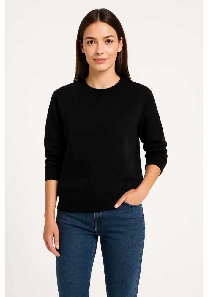 Kadın 3 İplik Pamuklu Düz Bisiklet Yaka SweatShirt - Siyah