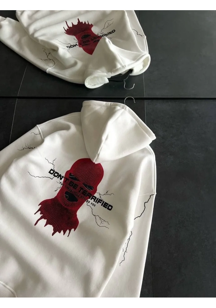 Kadın Kapüşonlu Kanguru Cepli Sweatshirt 3 İplik Pamuklu Baskılı Hoodie - Beyaz