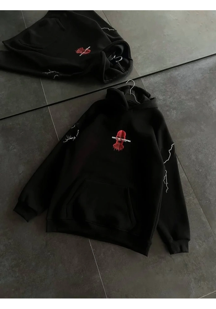 Kadın Kapüşonlu Kanguru Cepli Sweatshirt 3 İplik Pamuklu Baskılı Hoodie - Siyah