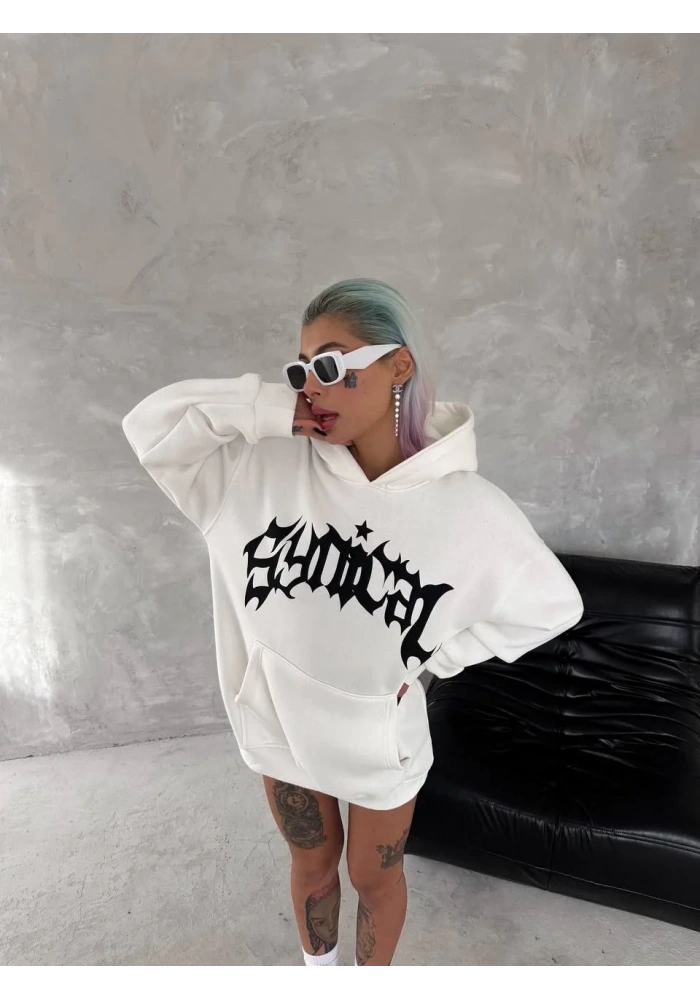 Kadın Oversize Kapüşonlu Cepli Baskılı 3 İplik Pamuklu Hoodie Sweatshirt - Beyaz