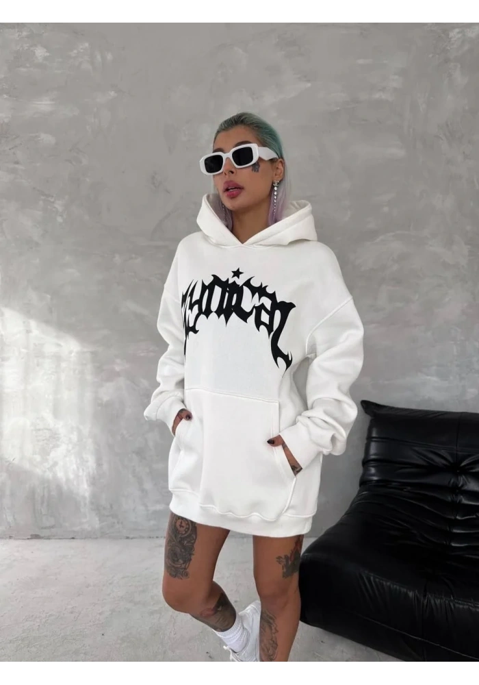 Kadın Oversize Kapüşonlu Cepli Baskılı 3 İplik Pamuklu Hoodie Sweatshirt - Beyaz