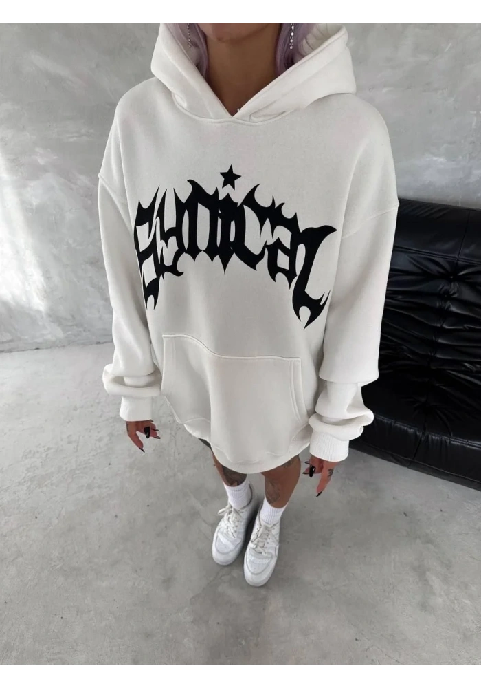 Kadın Oversize Kapüşonlu Cepli Baskılı 3 İplik Pamuklu Hoodie Sweatshirt - Beyaz