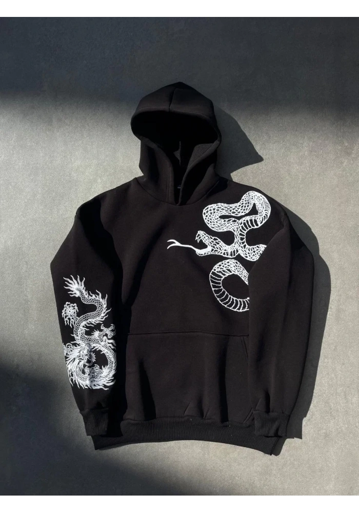 Kadın Oversize Kapüşonlu Cepli Baskılı 3 İplik Pamuklu Hoodie Sweatshirt - Siyah