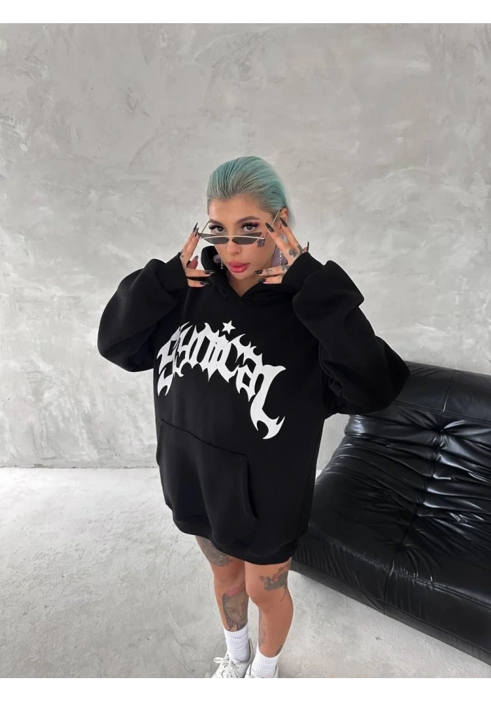 Kadın Oversize Kapüşonlu Cepli Baskılı 3 İplik Pamuklu Hoodie Sweatshirt - Siyah