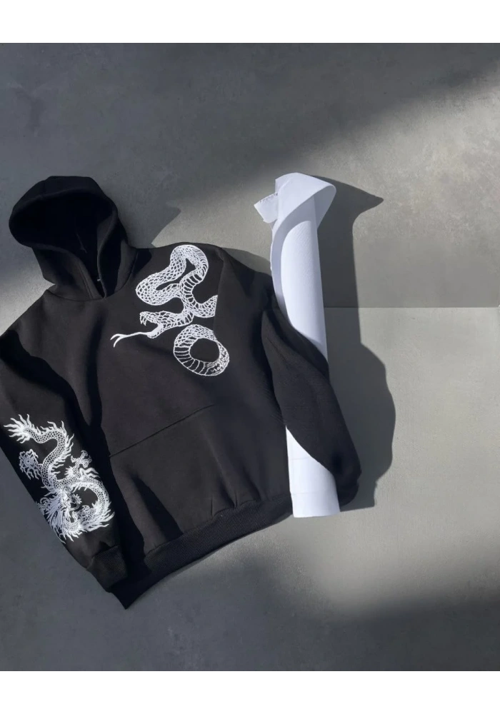 Kadın Oversize Kapüşonlu Cepli Baskılı 3 İplik Pamuklu Hoodie Sweatshirt - Siyah