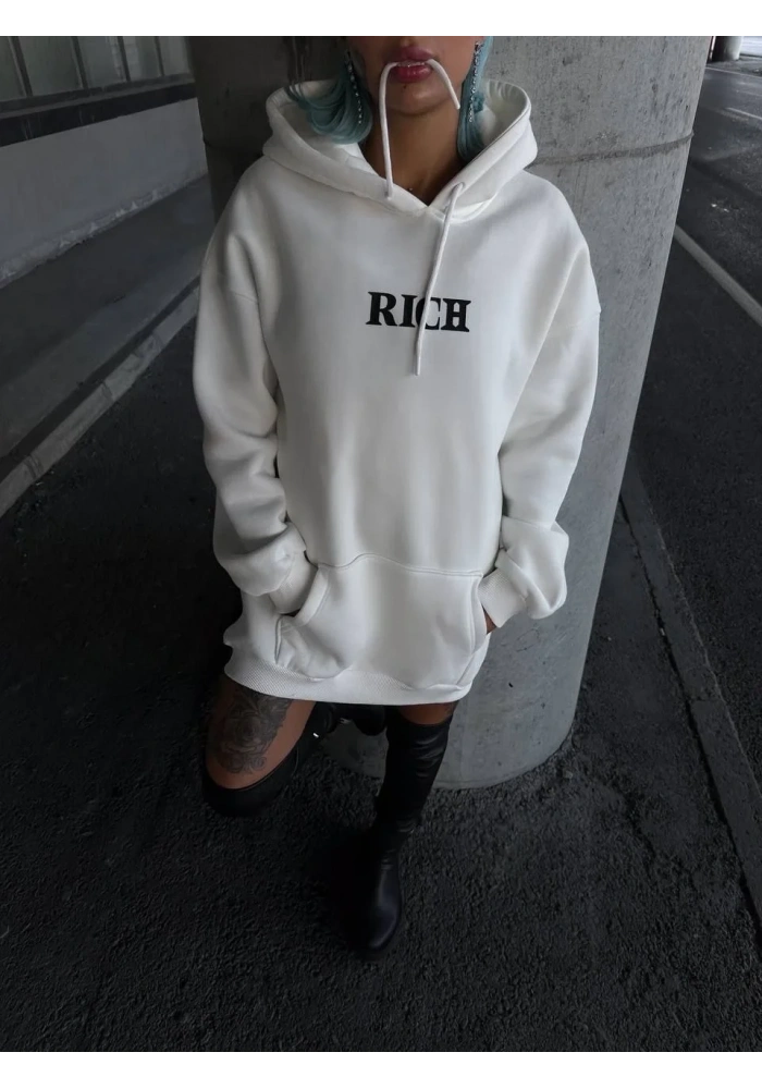 Kadın Kapüşonlu Kanguru Cepli Sweatshirt 3 İplik Pamuklu Baskılı Hoodie - Beyaz