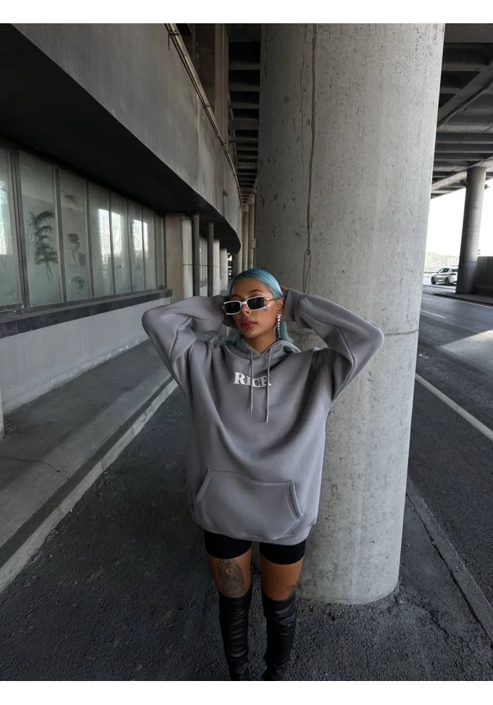 Kadın Kapüşonlu Kanguru Cepli Sweatshirt 3 İplik Pamuklu Baskılı Hoodie - Gri