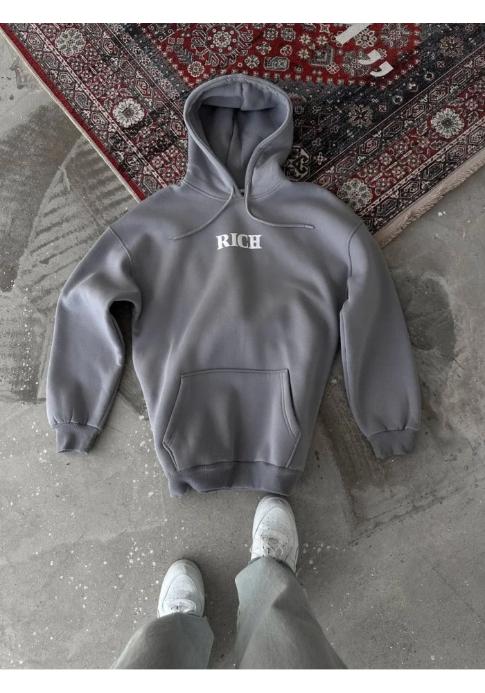 Kadın Kapüşonlu Kanguru Cepli Sweatshirt 3 İplik Pamuklu Baskılı Hoodie - Gri