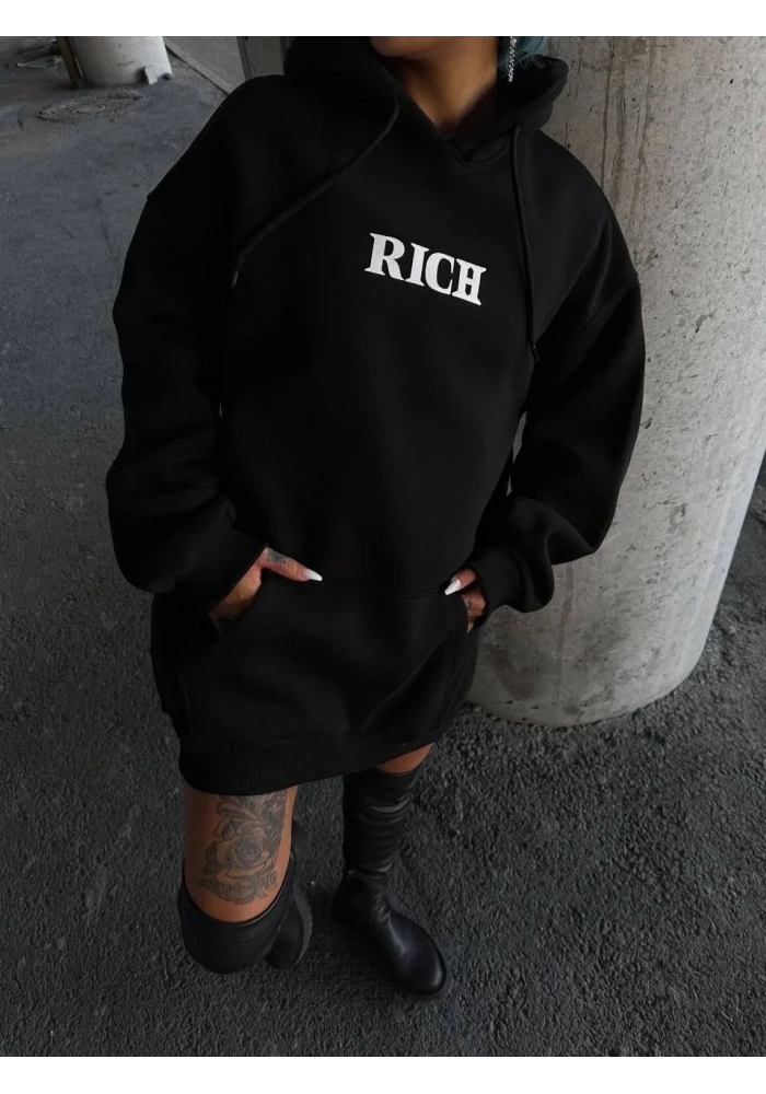 Kadın Kapüşonlu Kanguru Cepli Sweatshirt 3 İplik Pamuklu Baskılı Hoodie - Siyah