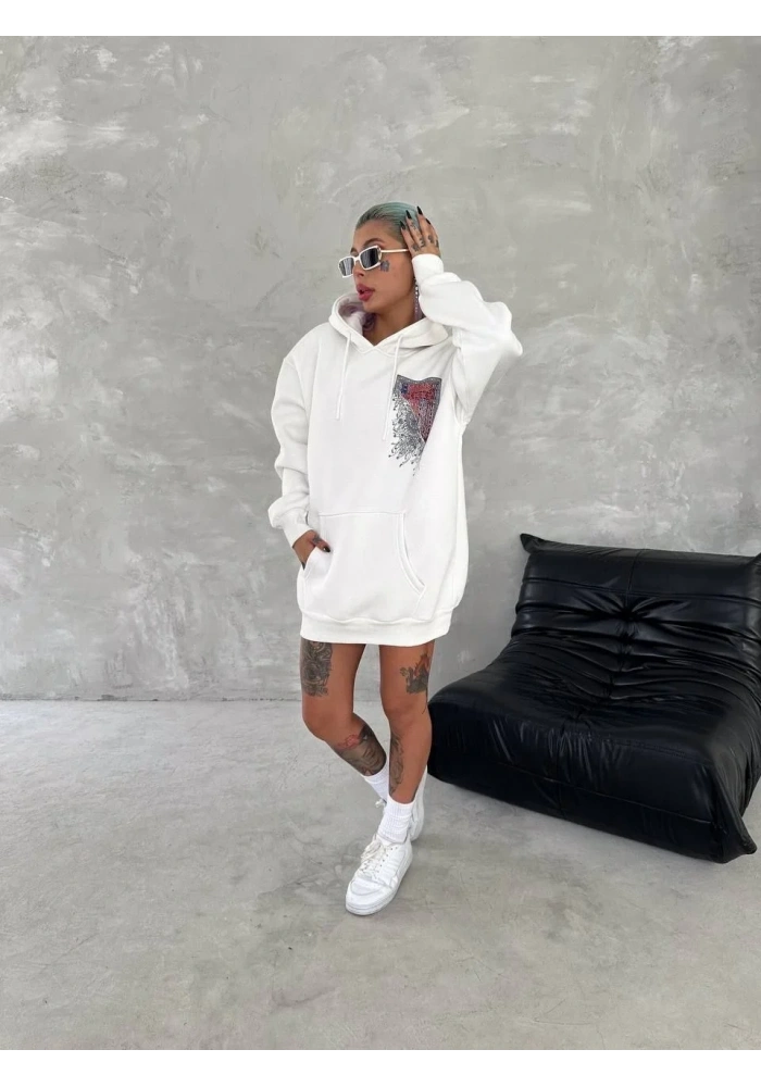 Kadın Kapüşonlu Kanguru Cepli Sweatshirt 3 İplik Pamuklu Baskılı Hoodie - Beyaz