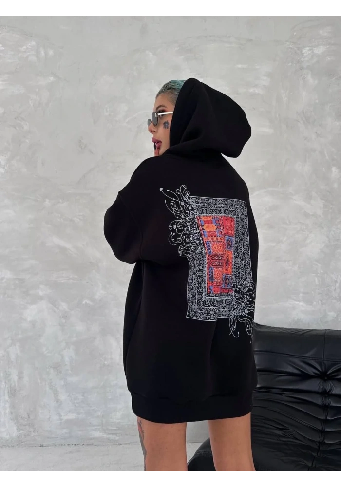 Kadın Kapüşonlu Kanguru Cepli Sweatshirt 3 İplik Pamuklu Baskılı Hoodie - Siyah