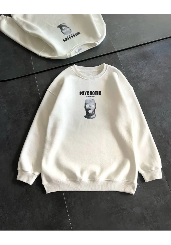 Kadın 3 iplik Kışlık Bisiklet Yaka Baskılı SweatShirt - Beyaz