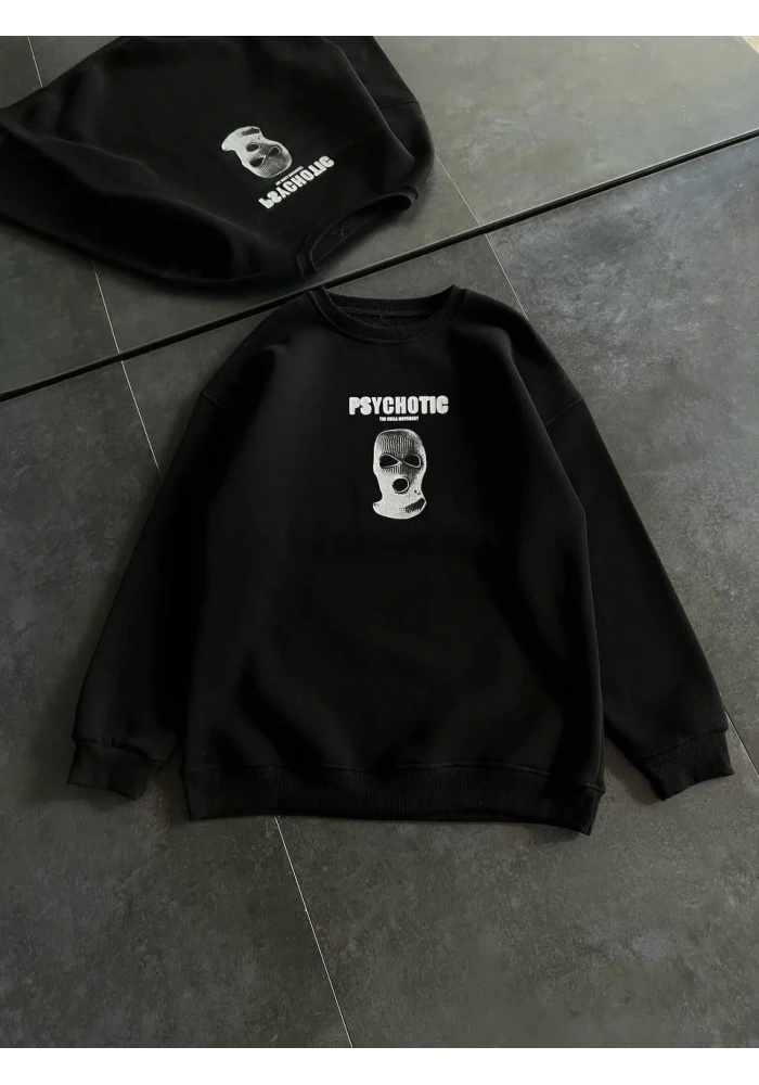 Kadın 3 iplik Kışlık Bisiklet Yaka Baskılı SweatShirt - Siyah