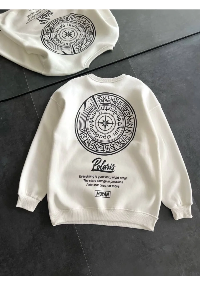Kadın 3 iplik Pamuklu Bisiklet Yaka Baskılı SweatShirt - Beyaz