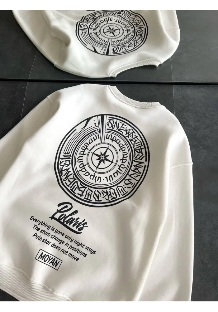 Kadın 3 iplik Pamuklu Bisiklet Yaka Baskılı SweatShirt - Beyaz