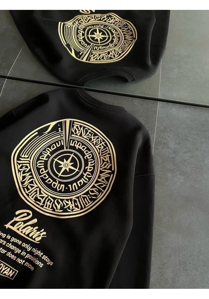 Kadın 3 iplik Pamuklu Bisiklet Yaka Baskılı SweatShirt - Siyah