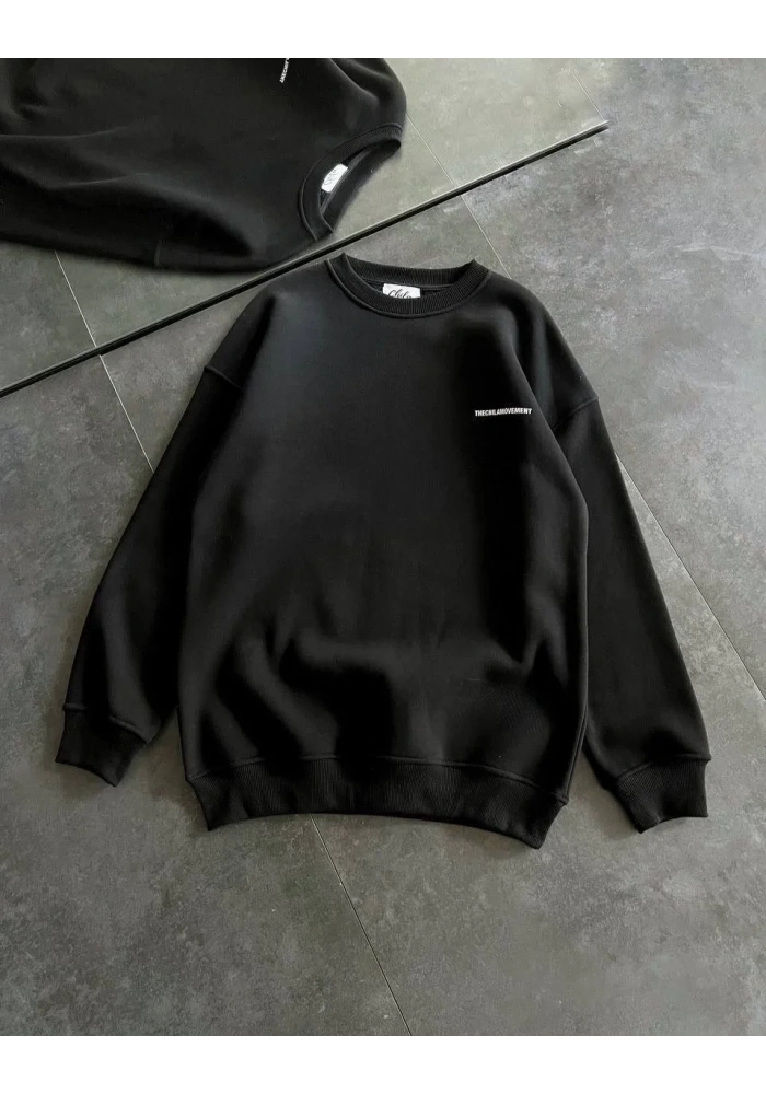 Kadın 3 iplik Kışlık pamuklu Bisiklet Yaka Oversize Baskılı SweatShirt - Siyah