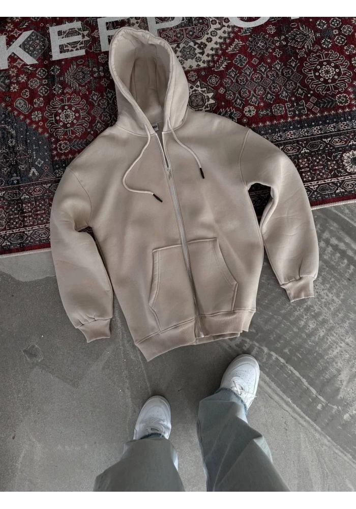 Kadın 3 İplik Pamuklu Kapüşonlu Kanguru Cepli Baskılı Oversize Hoodie Sweatshirt - Bej