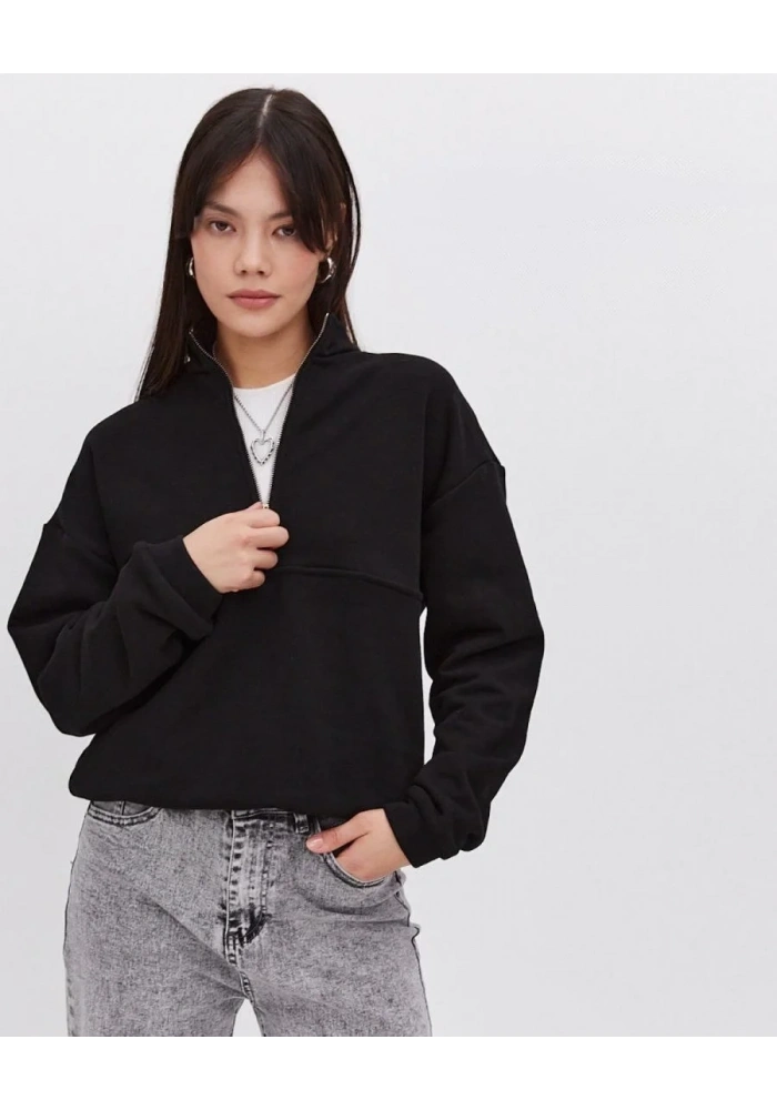 Kadın 3 İplik Pamuklu Oversize Yarım Fermuarlı Yakalı Basic Sweatshirt - Siyah