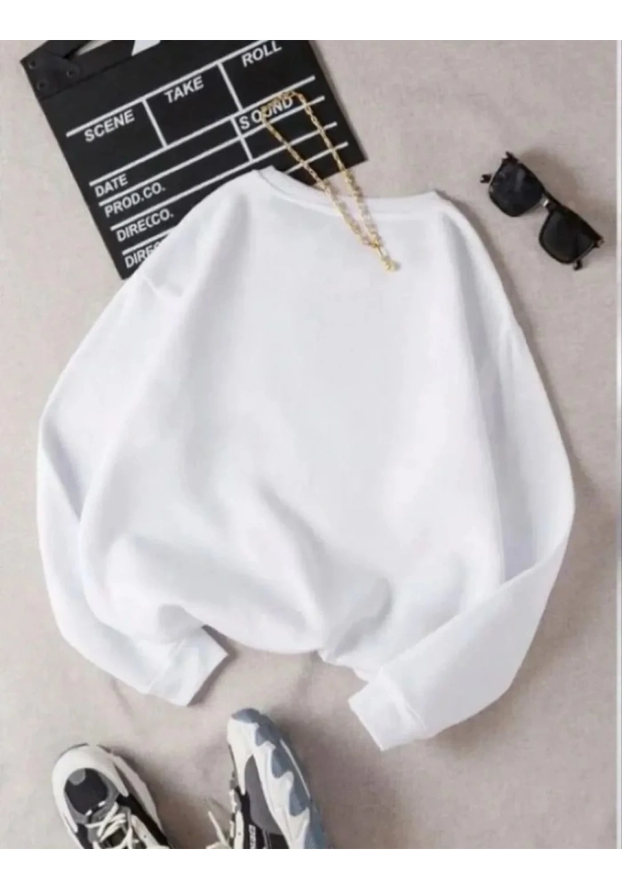 Kadın 3 İplik Pamuklu Bisikilet Yaka SweatShirt - Beyaz