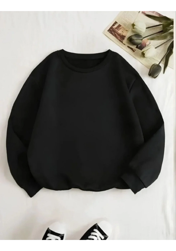 Kadın 3 İplik Pamuklu Bisikilet Yaka SweatShirt - Siyah