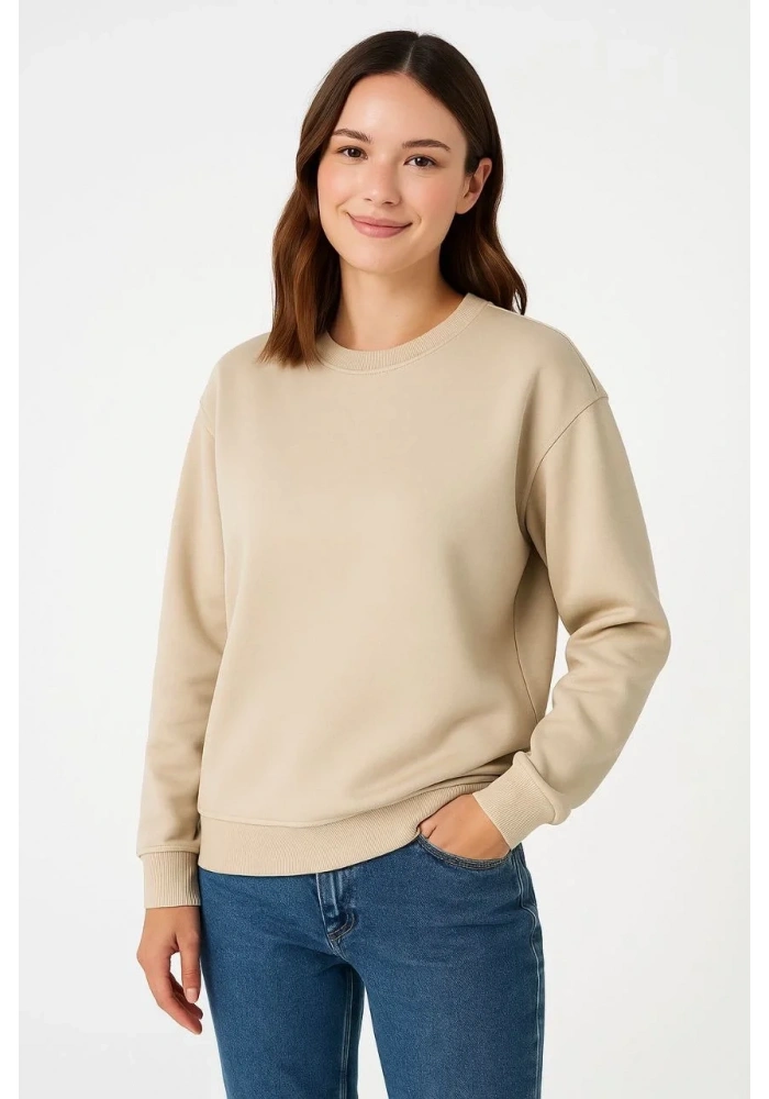 Kadın 3 İplik Pamuklu Düz Bisiklet Yaka SweatShirt - Bej