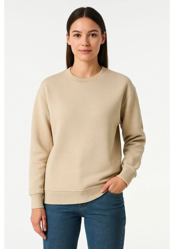 Kadın 3 İplik Pamuklu Düz Bisiklet Yaka SweatShirt - Bej