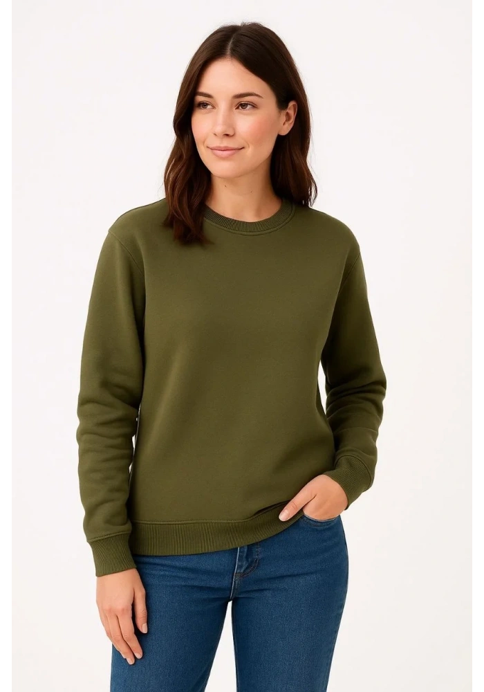 Kadın 3 İplik Pamuklu Düz Bisiklet Yaka SweatShirt - Haki