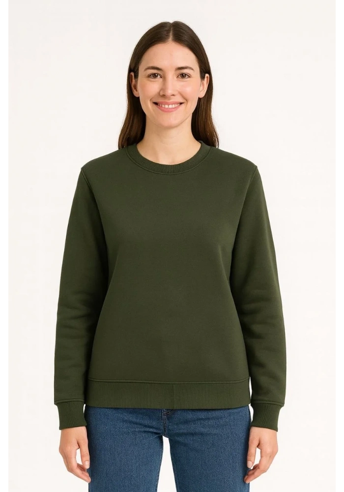 Kadın 3 İplik Pamuklu Düz Bisiklet Yaka SweatShirt - Haki