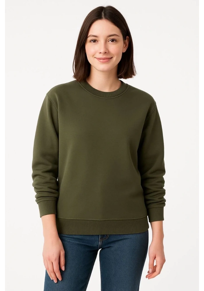 Kadın 3 İplik Pamuklu Düz Bisiklet Yaka SweatShirt - Haki