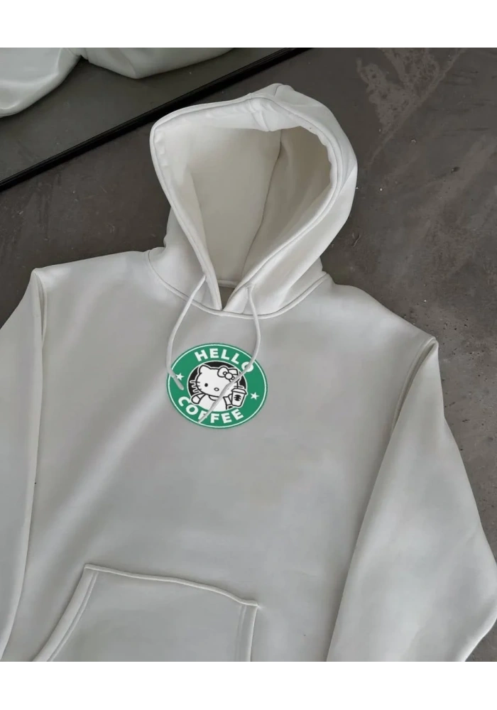 Kadın Oversize Kapüşonlu Kanguru Cepli Baskılı 3 İplik Pamuklu Sweatshirt Hoodie -   Beyaz