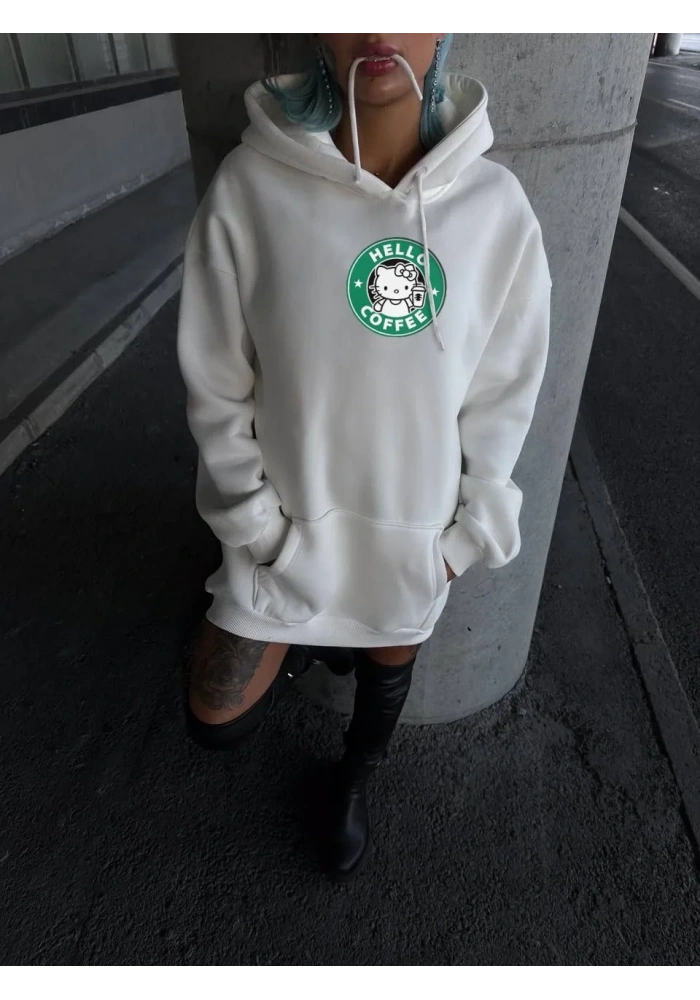 Kadın Oversize Kapüşonlu Kanguru Cepli Baskılı 3 İplik Pamuklu Sweatshirt Hoodie -   Beyaz