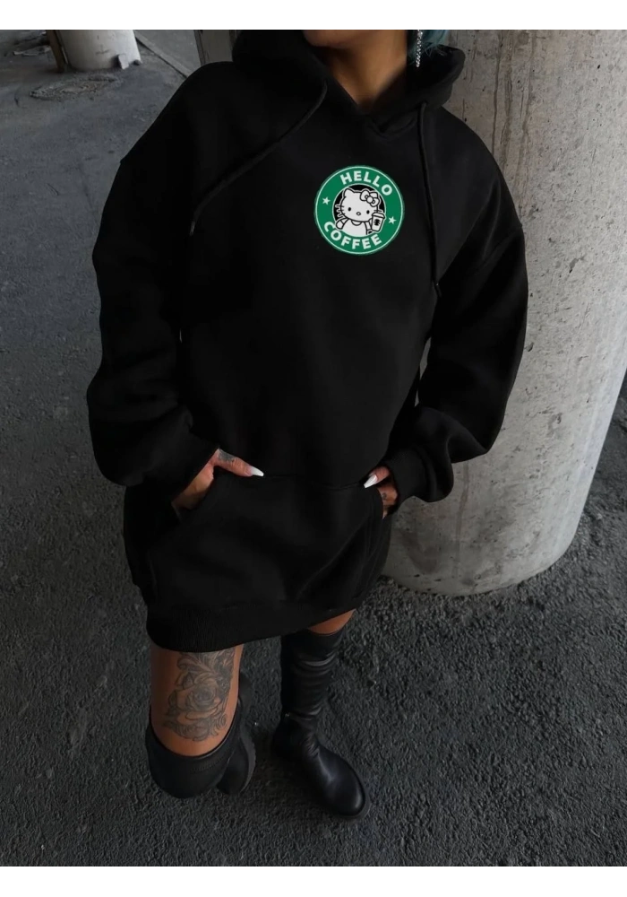 Kadın Oversize Kapüşonlu Kanguru Cepli Baskılı 3 İplik Pamuklu Sweatshirt Hoodie -   Siyah