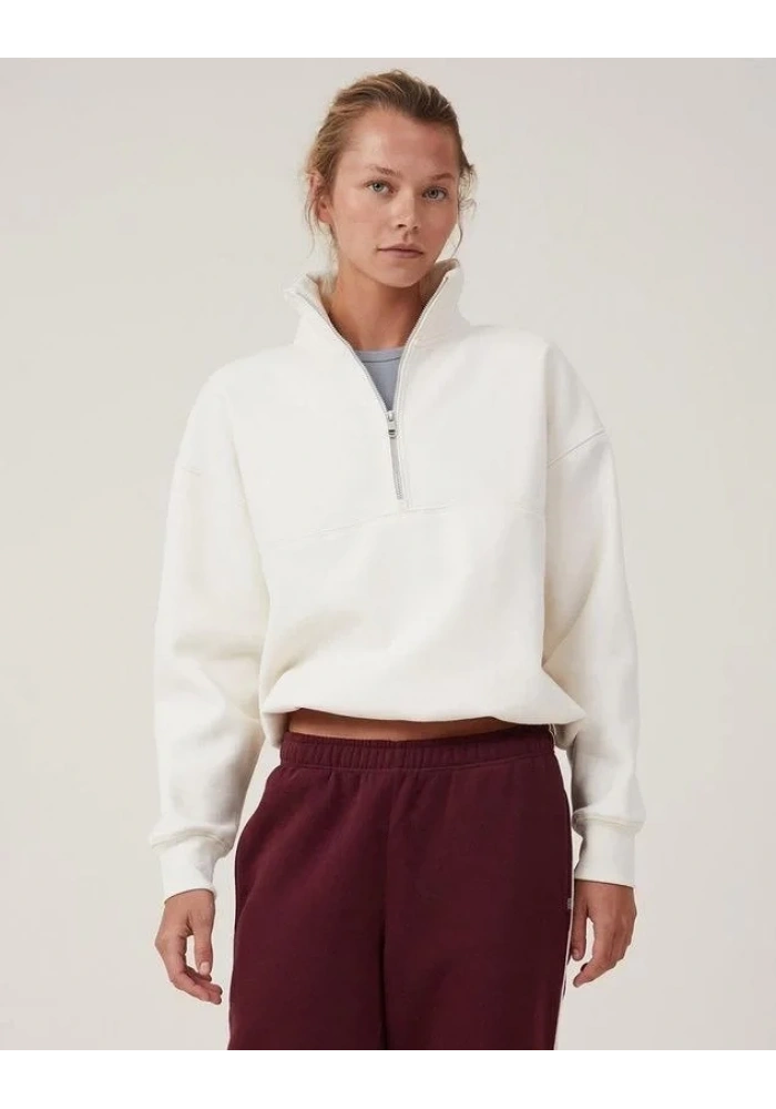 Kadın 3 İplik Pamuklu Oversize Yarım Fermuarlı Yakalı Basic Sweatshirt - Beyaz
